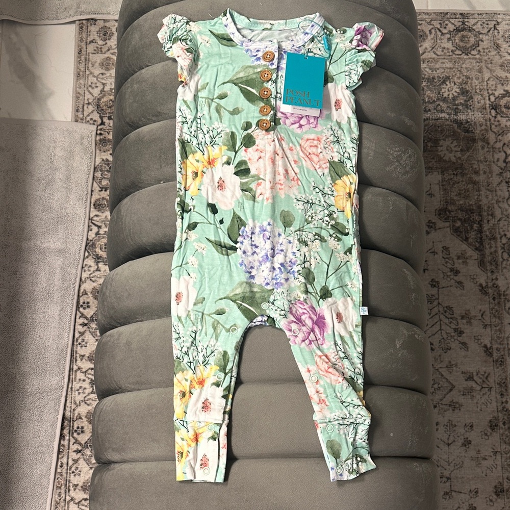 Posh Peanut Floral Romper with Wooden Buttons